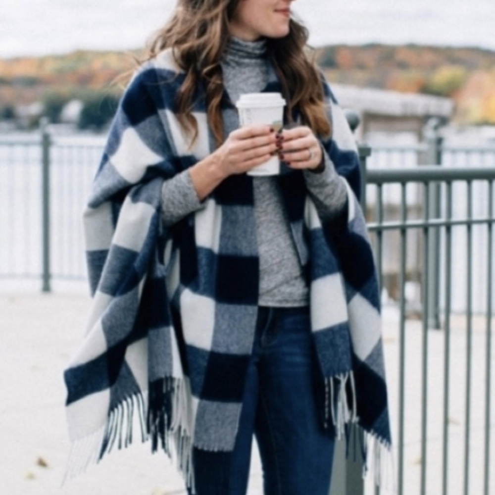 J. Crew Cape Scarf Buffalo Check Wool Fringed Plaid Oversized Rustic Farmhouse